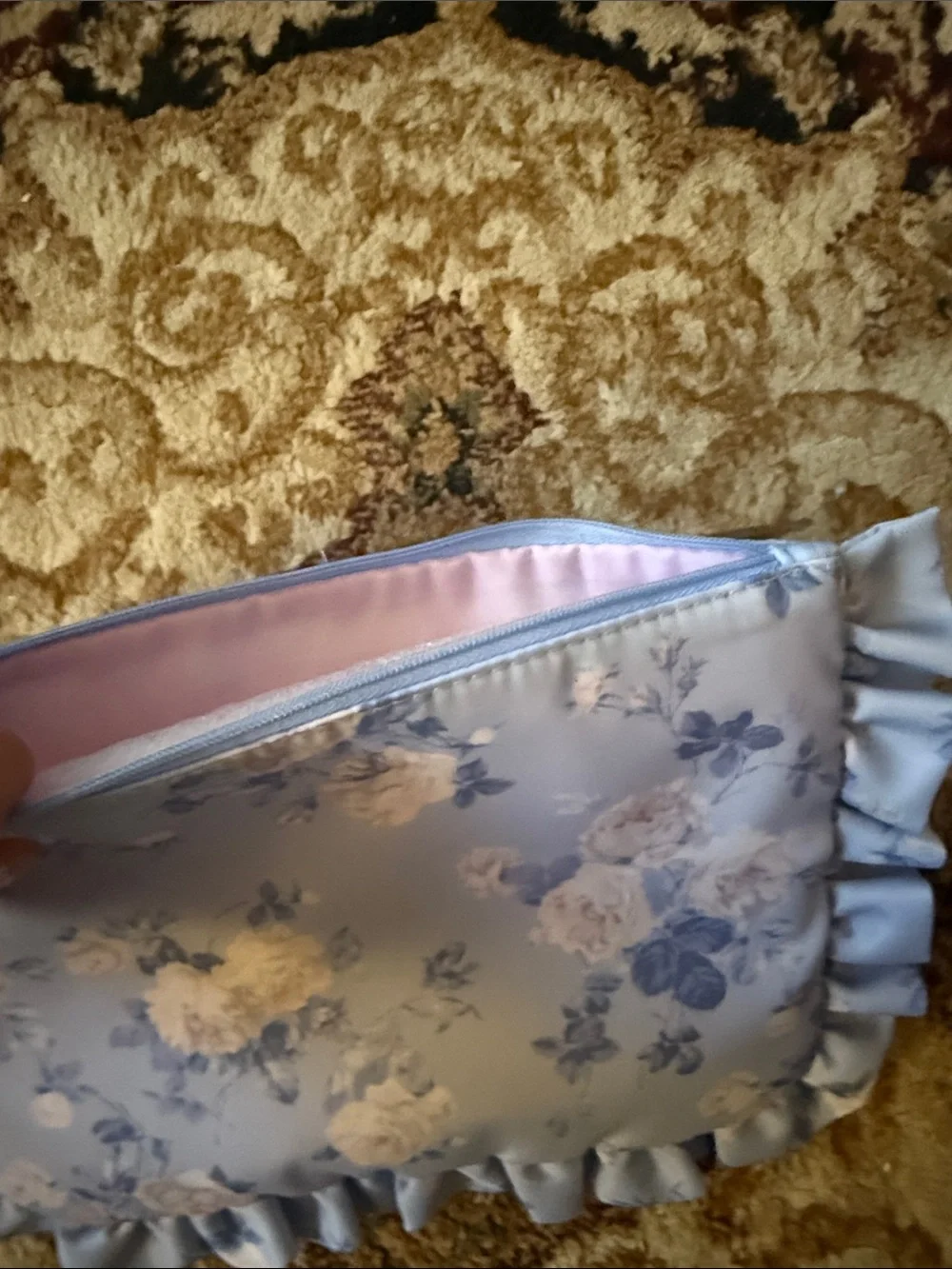 Yoobi Light Blue Floral Ruffle pencil case pouch with Gold Charm